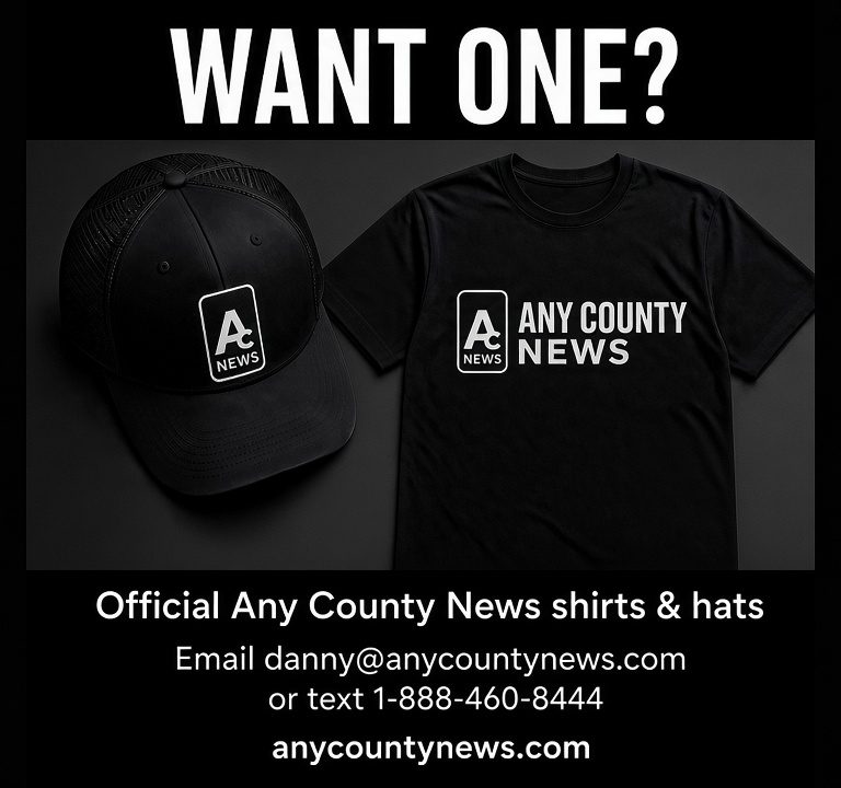 Black Any County News hat and black Any County News t-shirt with white ACN logo