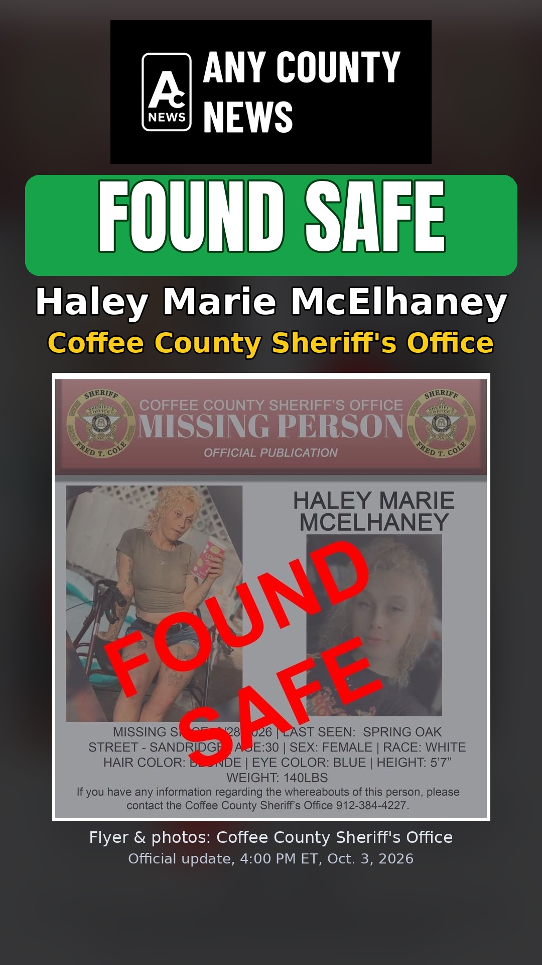 UPDATE: Haley Marie McElhaney found safe, Coffee County Sheriff's Office says
