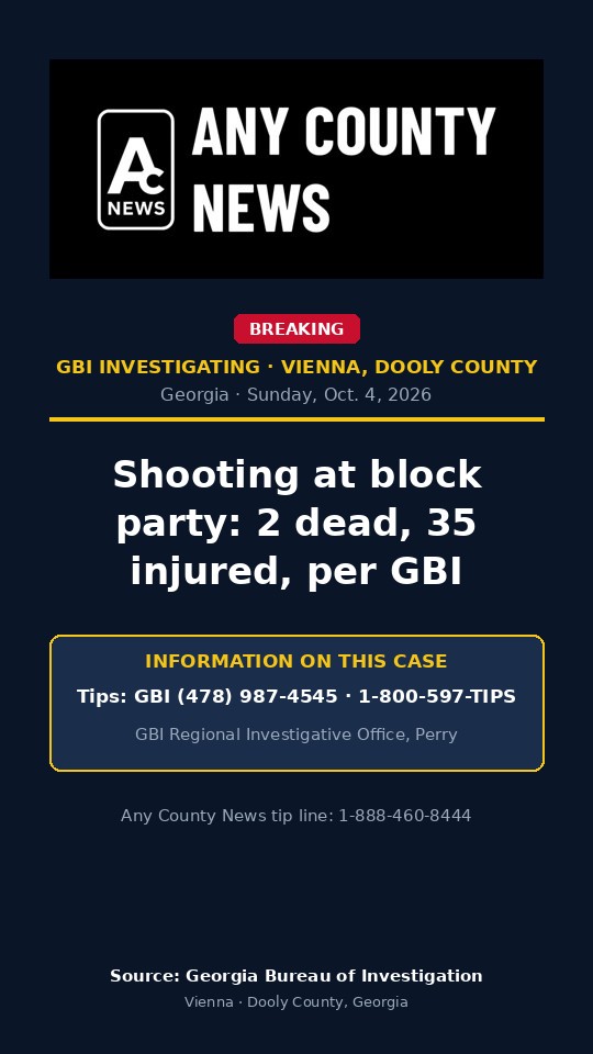 Any County News text card: GBI investigating a shooting at a block party in Vienna, Dooly County, that left 2 dead and 35 injured. Tips: GBI (478) 987-4545 or 1-800-597-TIPS