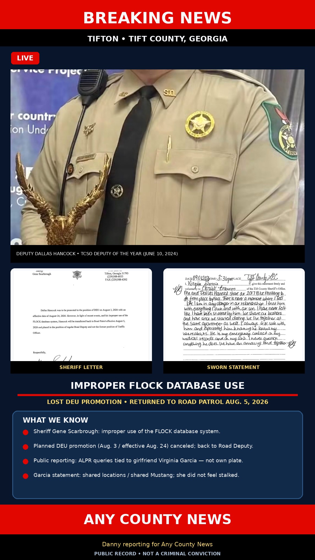 Breaking graphic: Tift County Deputy Hancock Flock case
